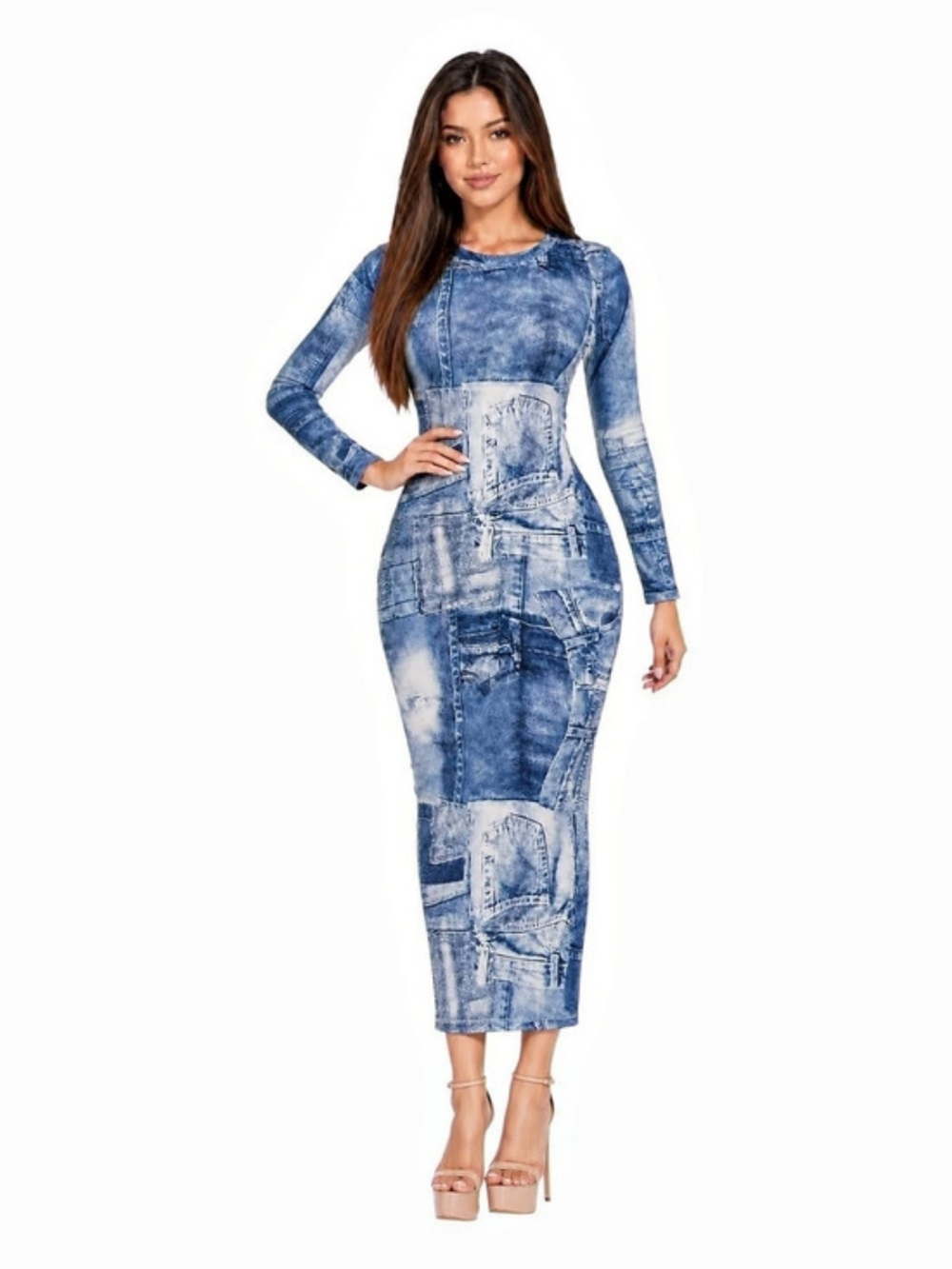 Boutique Blue Denim-Print Long Sleeve Bodycon Midi Dress – Size M.